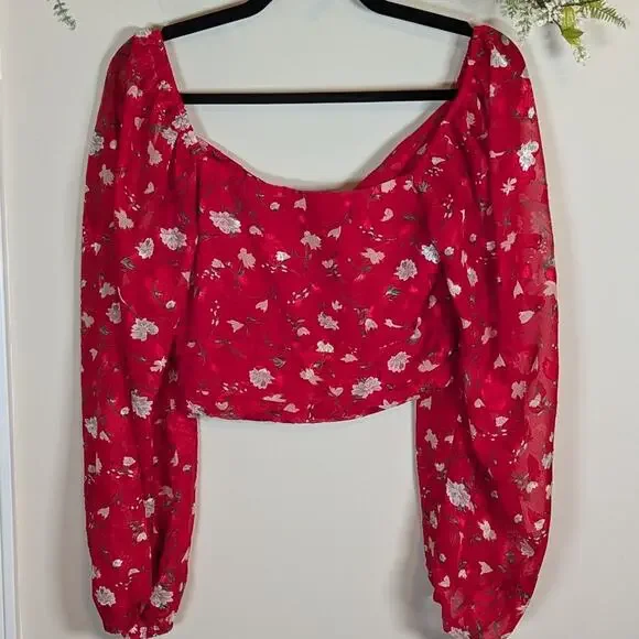 Lulu's red floral tie front long sleeve top - Picture 6 of 14